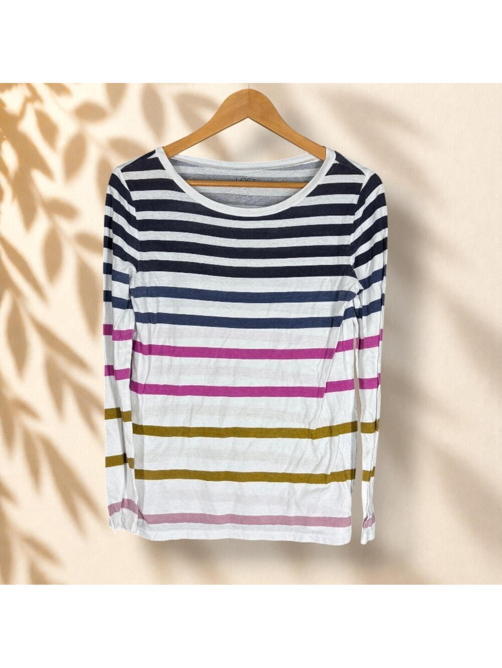 Loft T-Shirt Women XS White Striped Long Sleeve Round Neck Stretch Casual